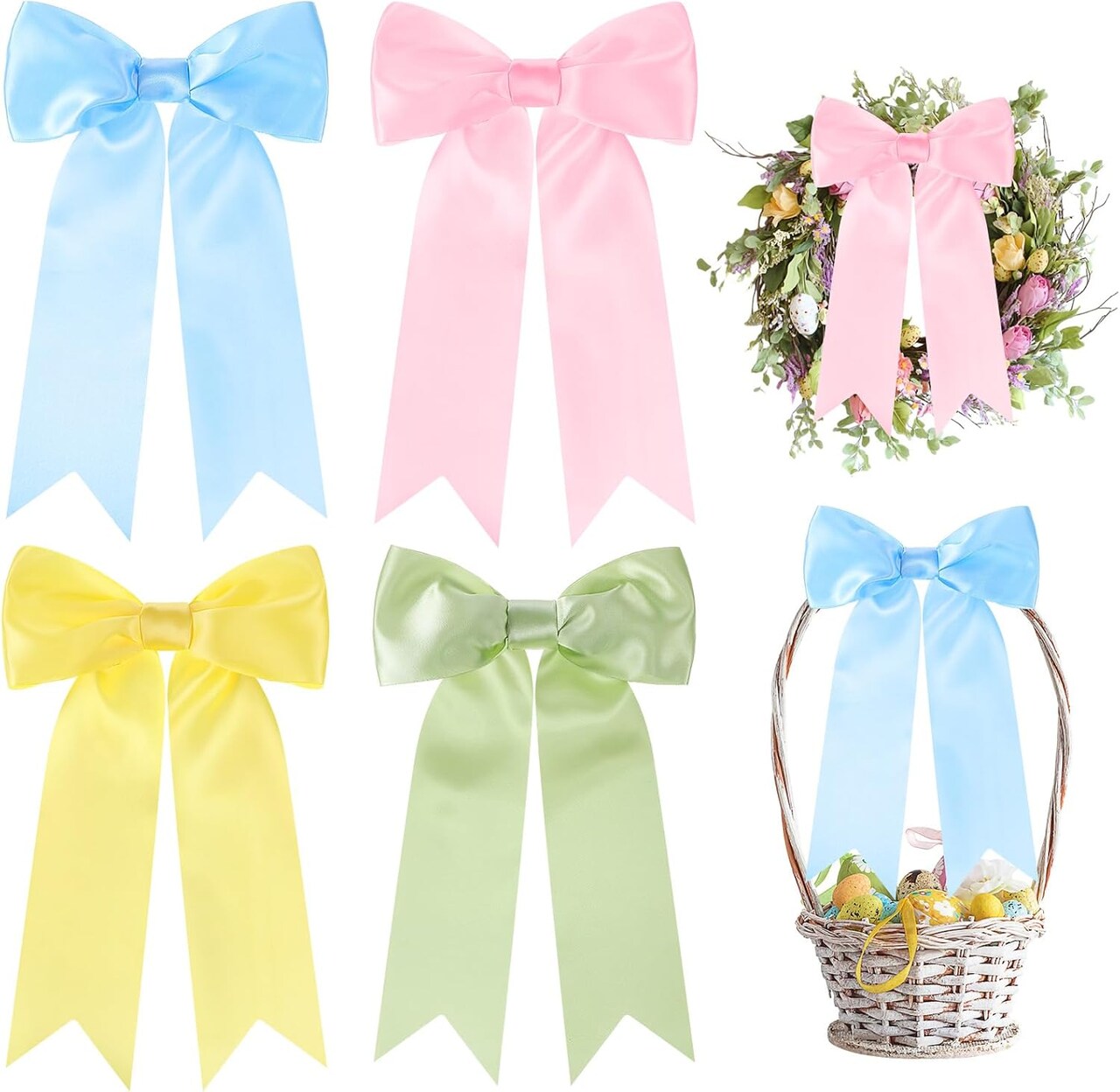 4 Pcs Easter Spring Wreath Bow 9.5x16 Inches Large Colorful Ribbon Premade Bows for Gifts Basket Pink Yellow Blue Green Favor for Door Tree Topper Wall Indoor Outdoor DIY Crafts Decor